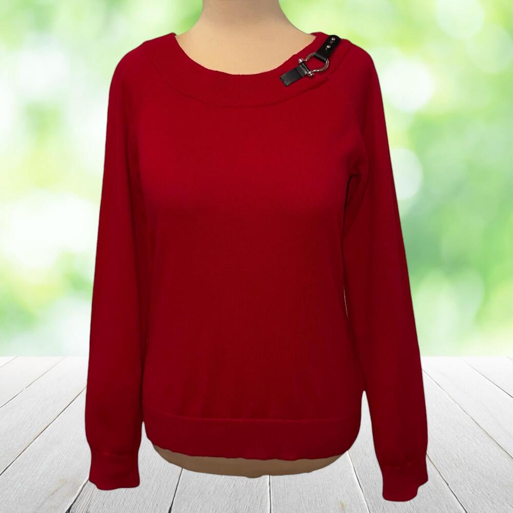 LAUREN RALPH LAUREN Sweater Faux Leather Buckle Equestrian Red 100% Cotton Sz M